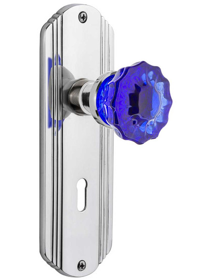 Streamline Deco Door Set with Colored Fluted Crystal Glass Knobs and Keyhole Cobalt Blue in Polished Chrome.